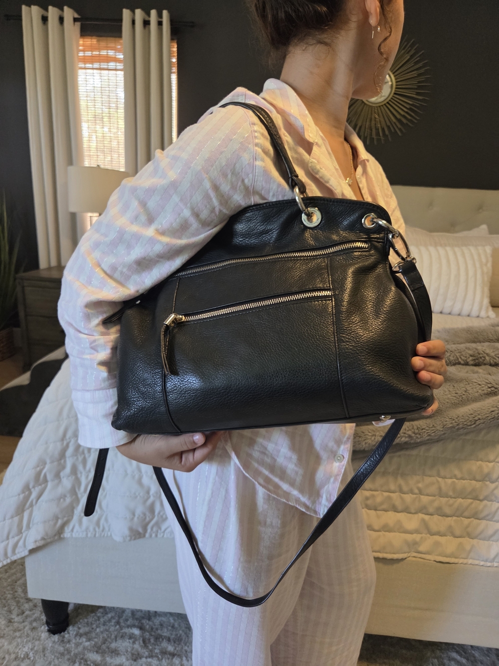 b. makowsky Black Leather Dual-Zip Crossbody Tote - Picture 15 of 16